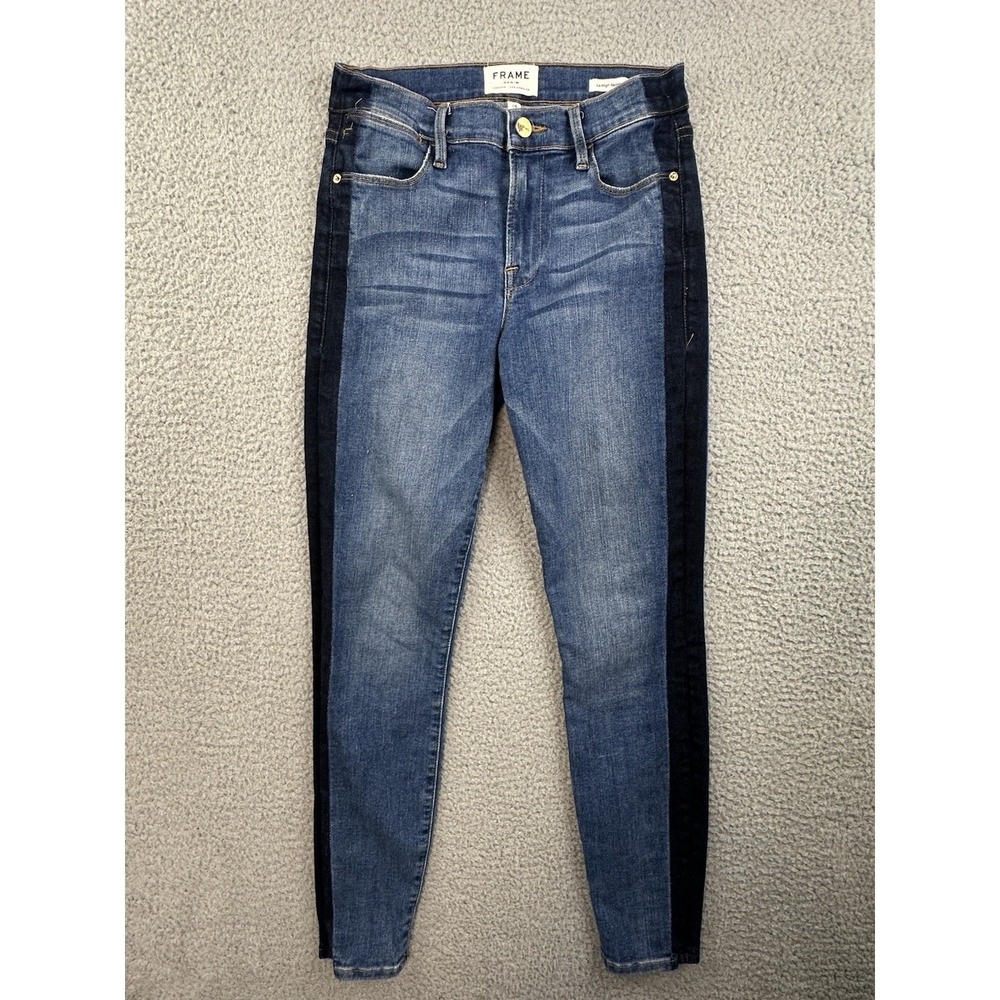 FRAME Le High Skinny Crop Jeans Sz 26 Kenya Blue Tuxedo Stripe Stretch Denim